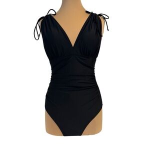 B2Prity Black one piece white strap shirted swimsuit size M New